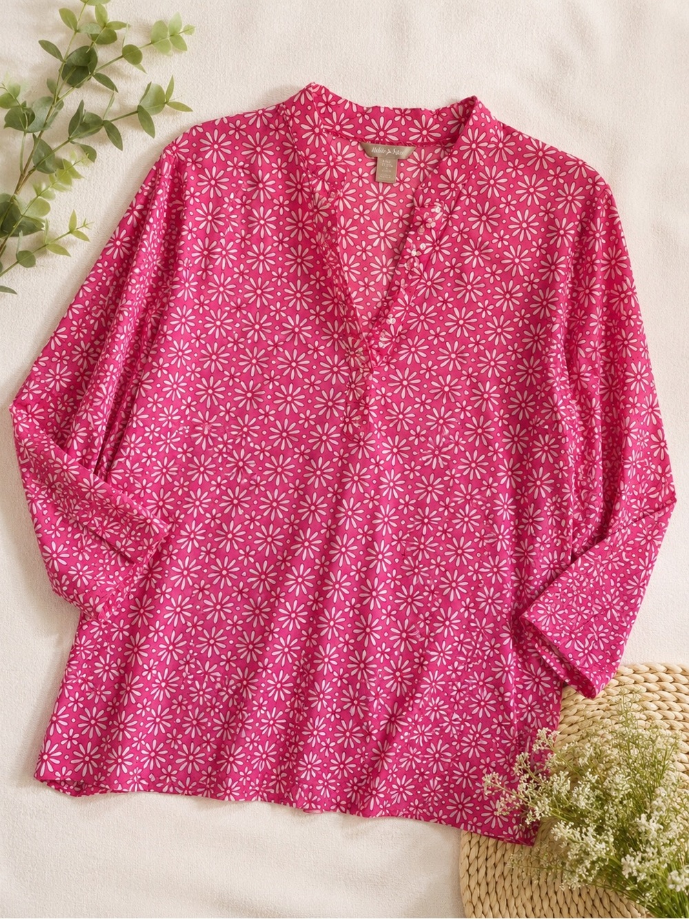 White Stag Pink Floral Boho Tunic Blouse Large 12/14 Cottagecore Top